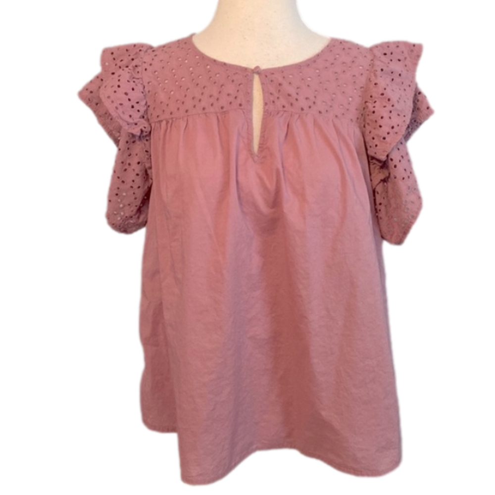 A New Day Short Sleeve Blouse Top Ruffle Sleeves Pink L